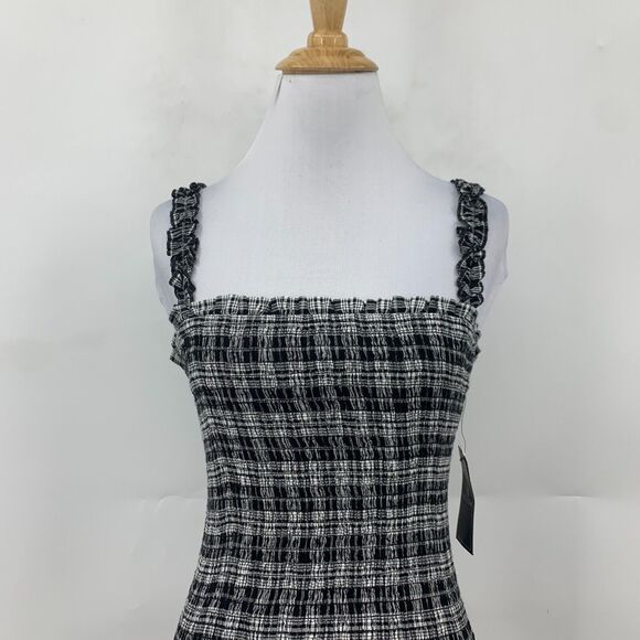 Volcom Shirred Mini Dress Womens XS Extra Small Check Plaid Square Neck Bodycon - Picture 3 of 16